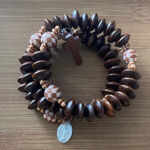 Rustic Wood Bead Stretch Bracelet with Miraculous Medal Charm NW/T